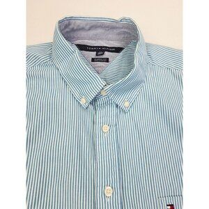 Tommy Hilfiger Classic Fit Size 2XL Men White Aqua Blue Stripe Button Down Shirt